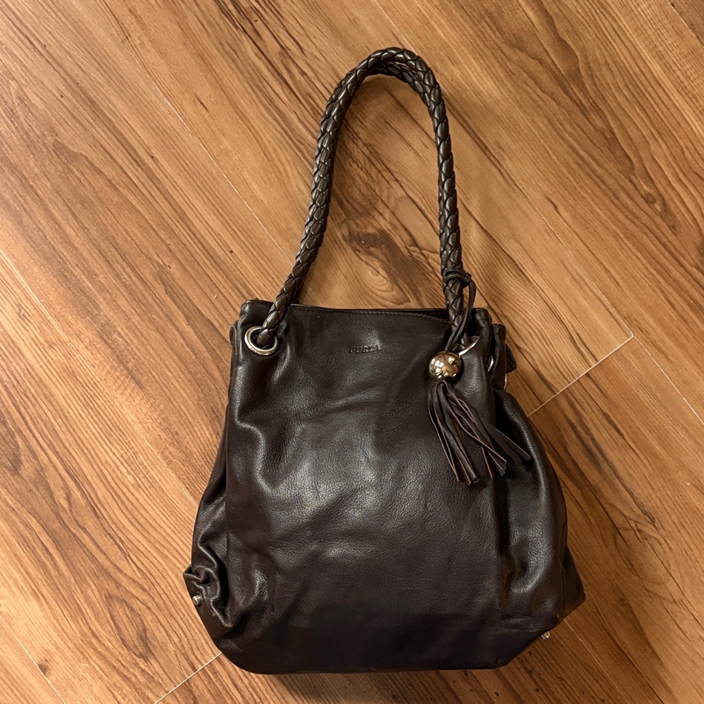 FURLA brown Leather Tote Bag with Braided Handles